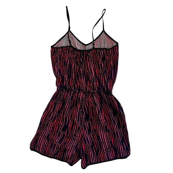 Womens Red Black Pink Abstract Stripe Spaghetti Strap Drawstring Waist Romper M - Picture 3 of 6